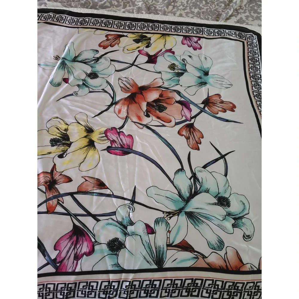 Chicos Floral Square Scarf Greek Key Border 42